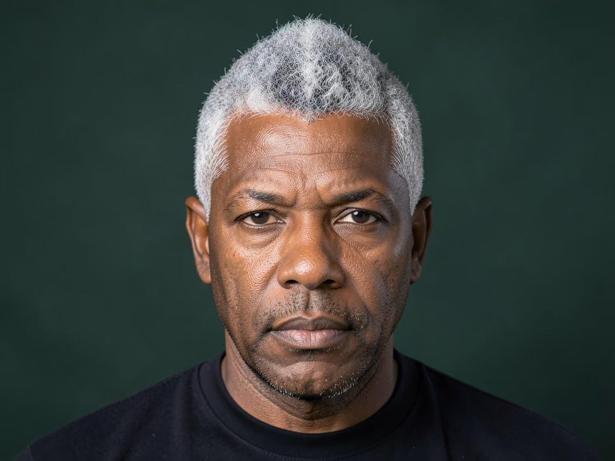 Man with a gray afro mohawk