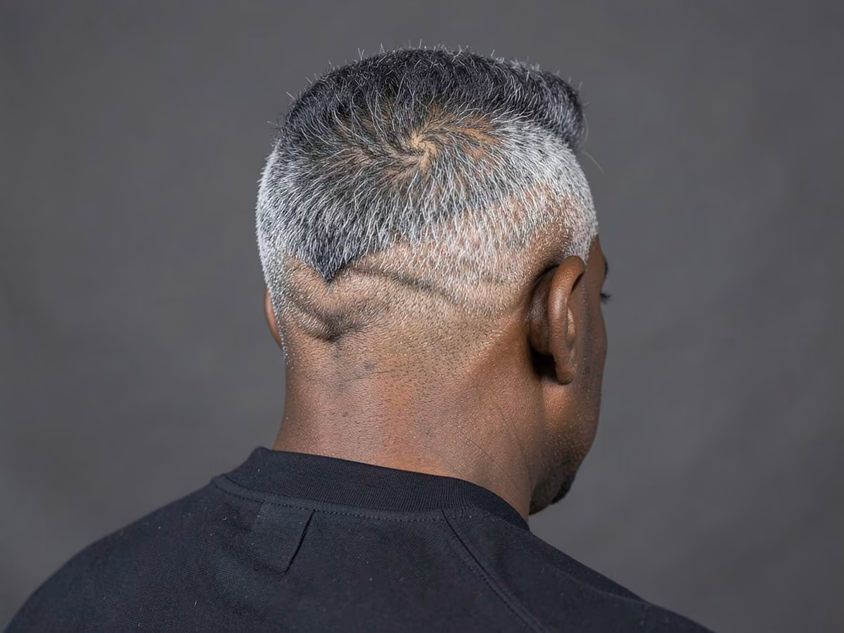 Man with a low-key afro mohawk