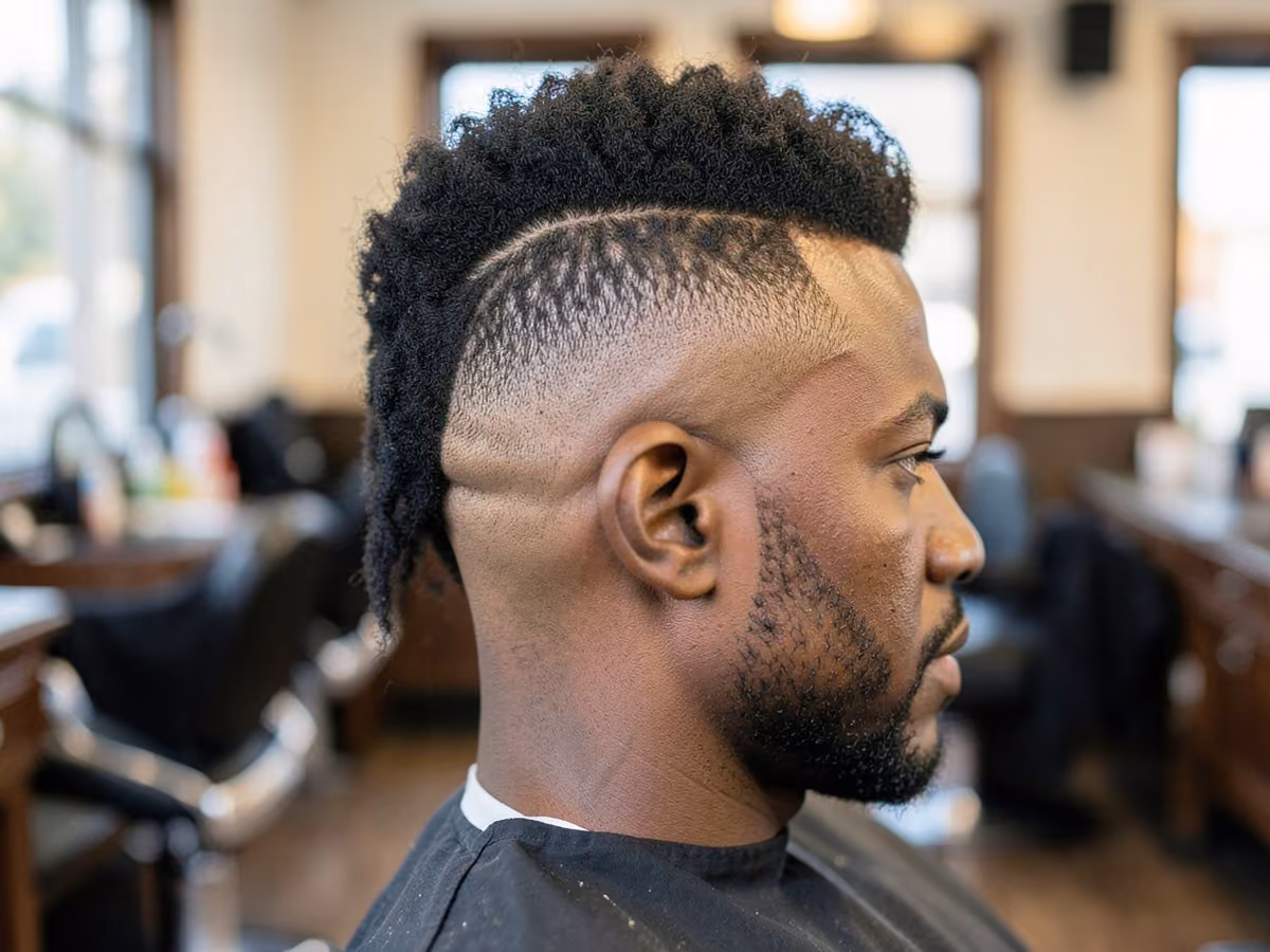 Man with a temple fade afro mohawk