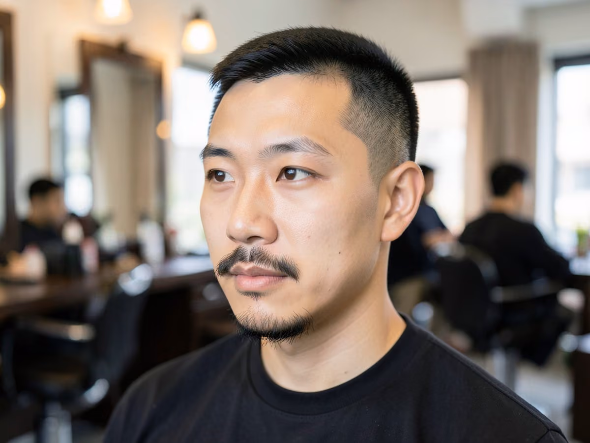 Man with an asian mustache haircut