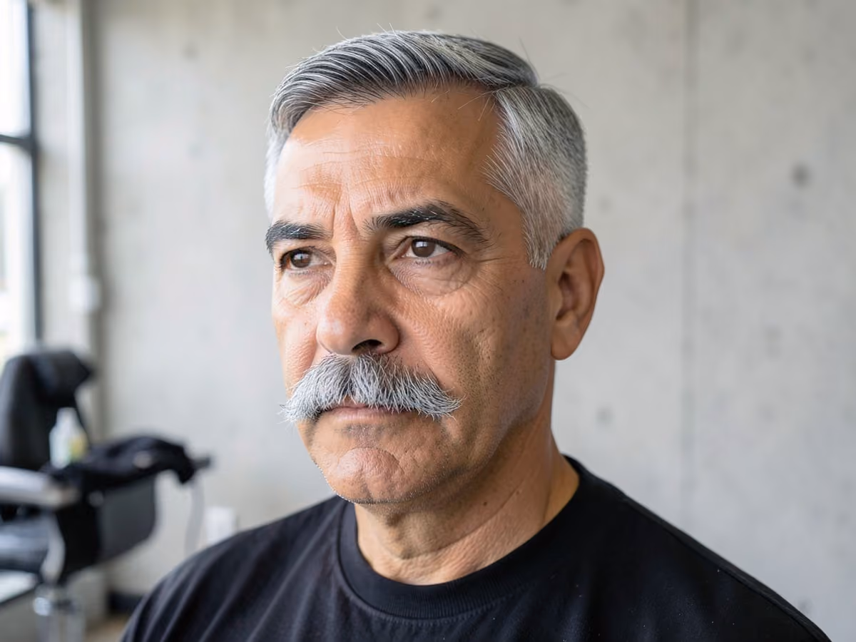 Man with a gray mustache haircut