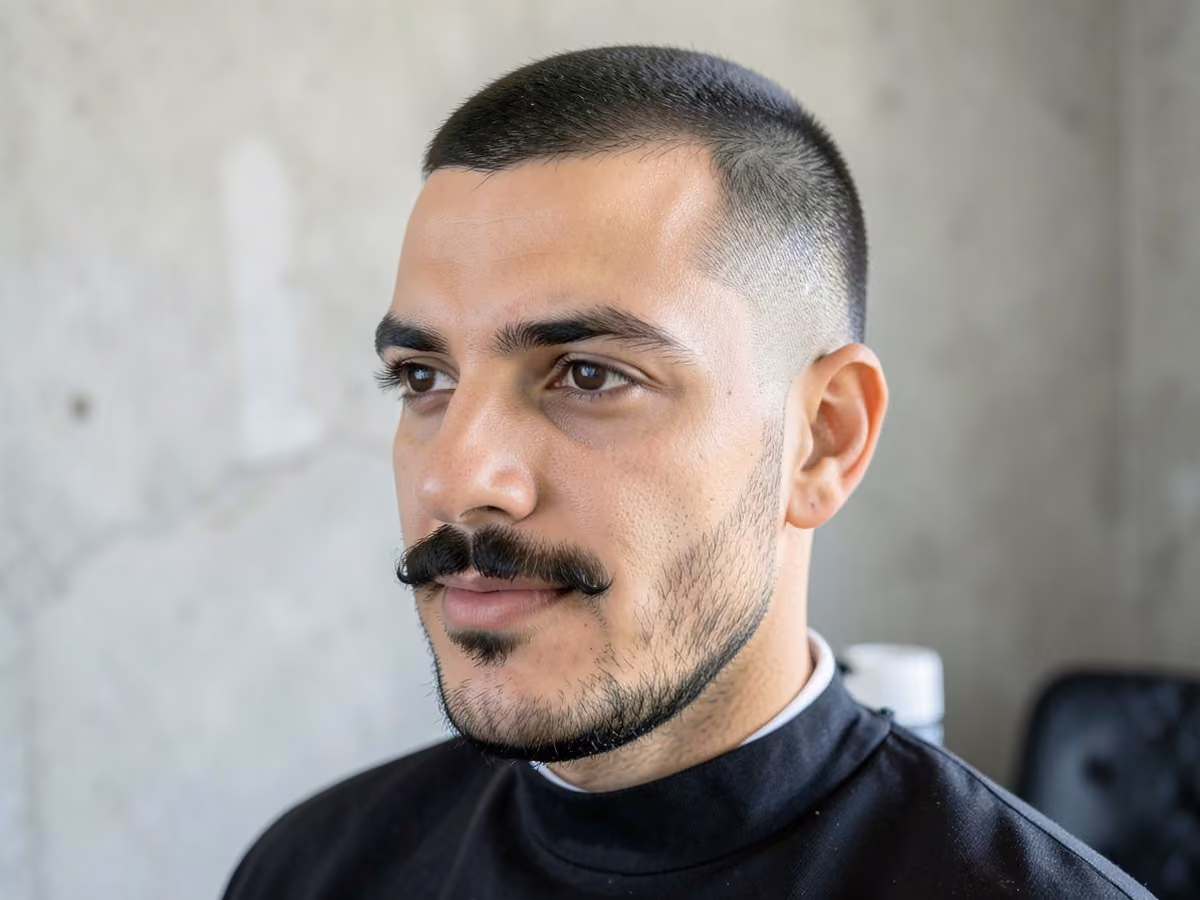 Man with a petite handlebar haircut