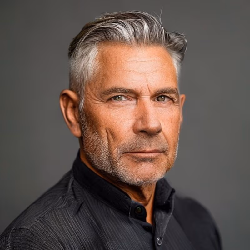 Salt-and-Pepper Fade hairstyle for men 2026 — Older Men Haircuts variation, best for Distinguished, sharp, on-trend, modern barbering by Master Stylist Jessica Hamilton