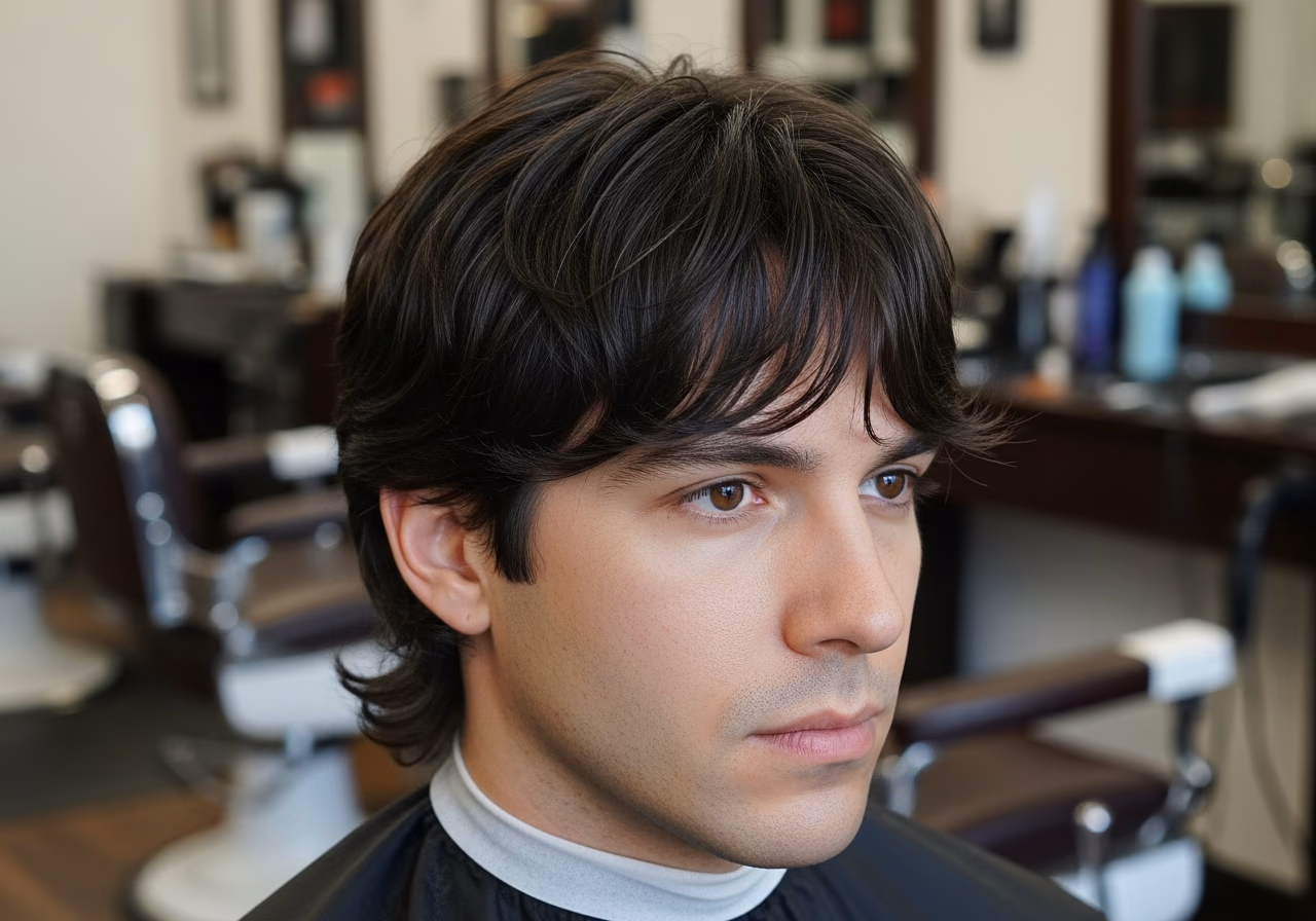 Curtain Bangs with Layers hairstyle for men 2026 — haircuts for oval faces variation, best for oval faces + straight or wavy hair, modern barbering by Master Stylist Jessica Hamilton