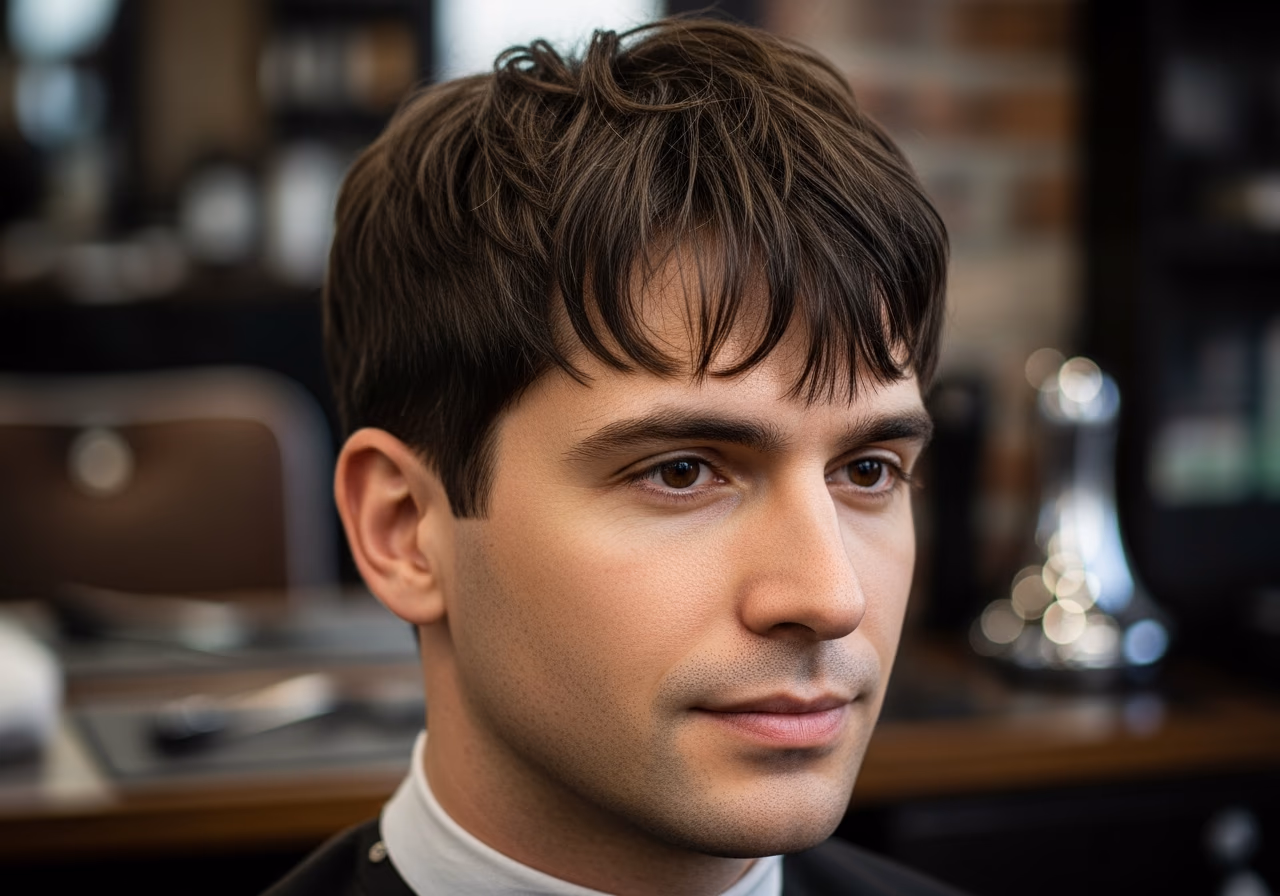 Curtain Bangs Medium hairstyle for men 2026 — haircuts for oval faces variation, best for oval faces + straight or wavy hair, modern barbering by Master Stylist Jessica Hamilton