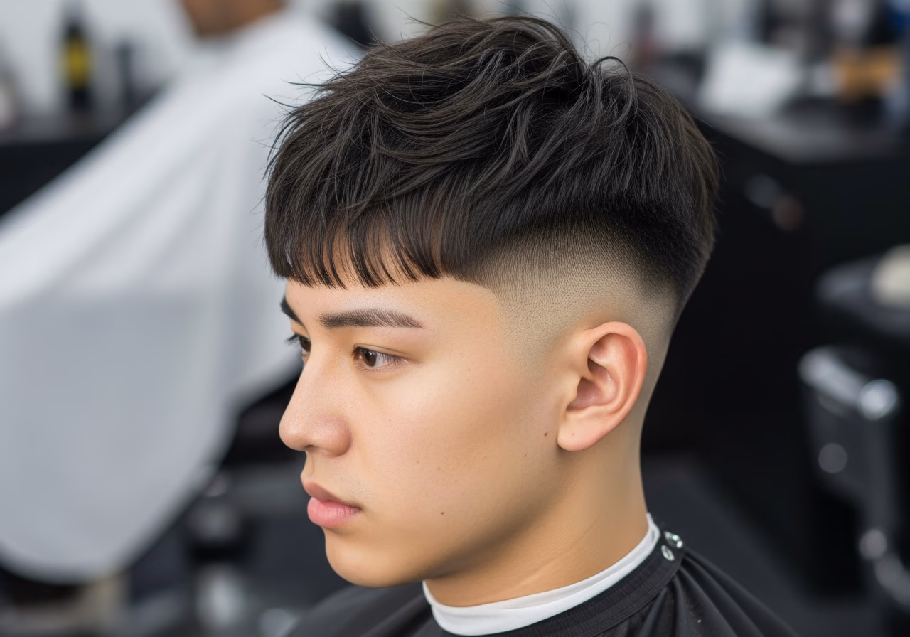 Korean Two-Block hairstyle for men 2026 — haircuts for oval faces variation, best for oval faces + straight or wavy hair, modern barbering by Master Stylist Jessica Hamilton