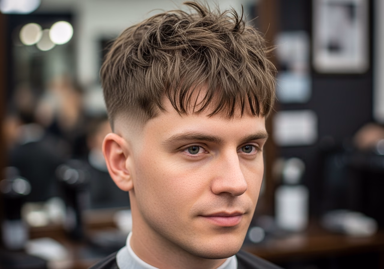 Messy Fringe hairstyle for men 2026 — haircuts for oval faces variation, best for oval faces + all hair types, modern barbering by Master Stylist Jessica Hamilton