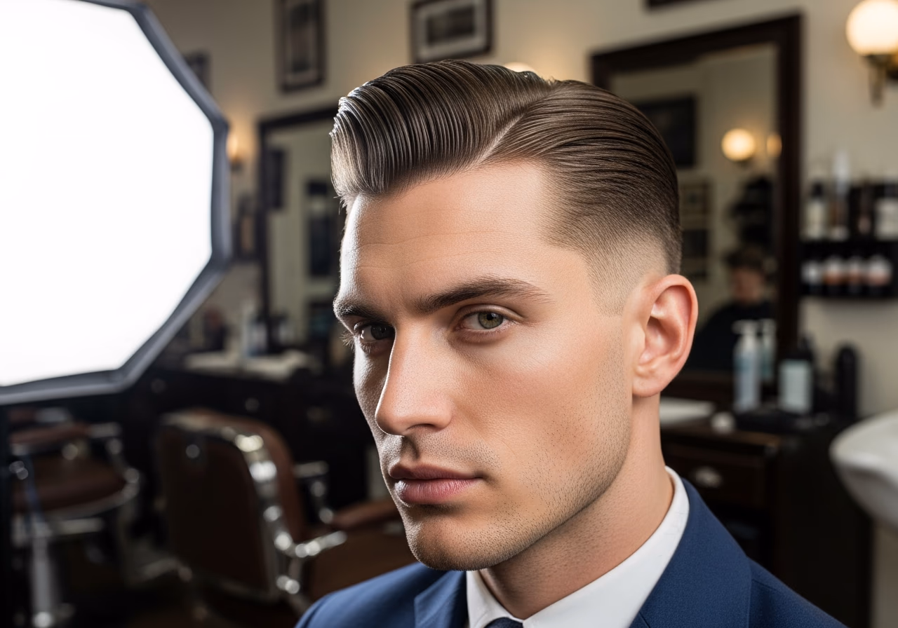 Slick Back Medium hairstyle for men 2026 — haircuts for oval faces variation, best for oval faces + straight hair, modern barbering by Master Stylist Jessica Hamilton