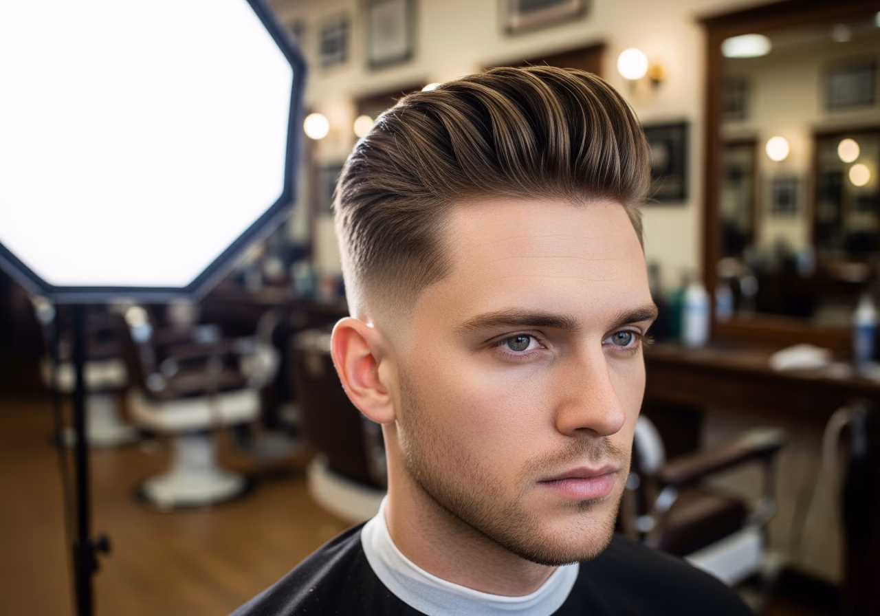 Textured Pompadour hairstyle for men 2026 — haircuts for oval faces variation, best for oval faces + straight or wavy hair, modern barbering by Master Stylist Jessica Hamilton