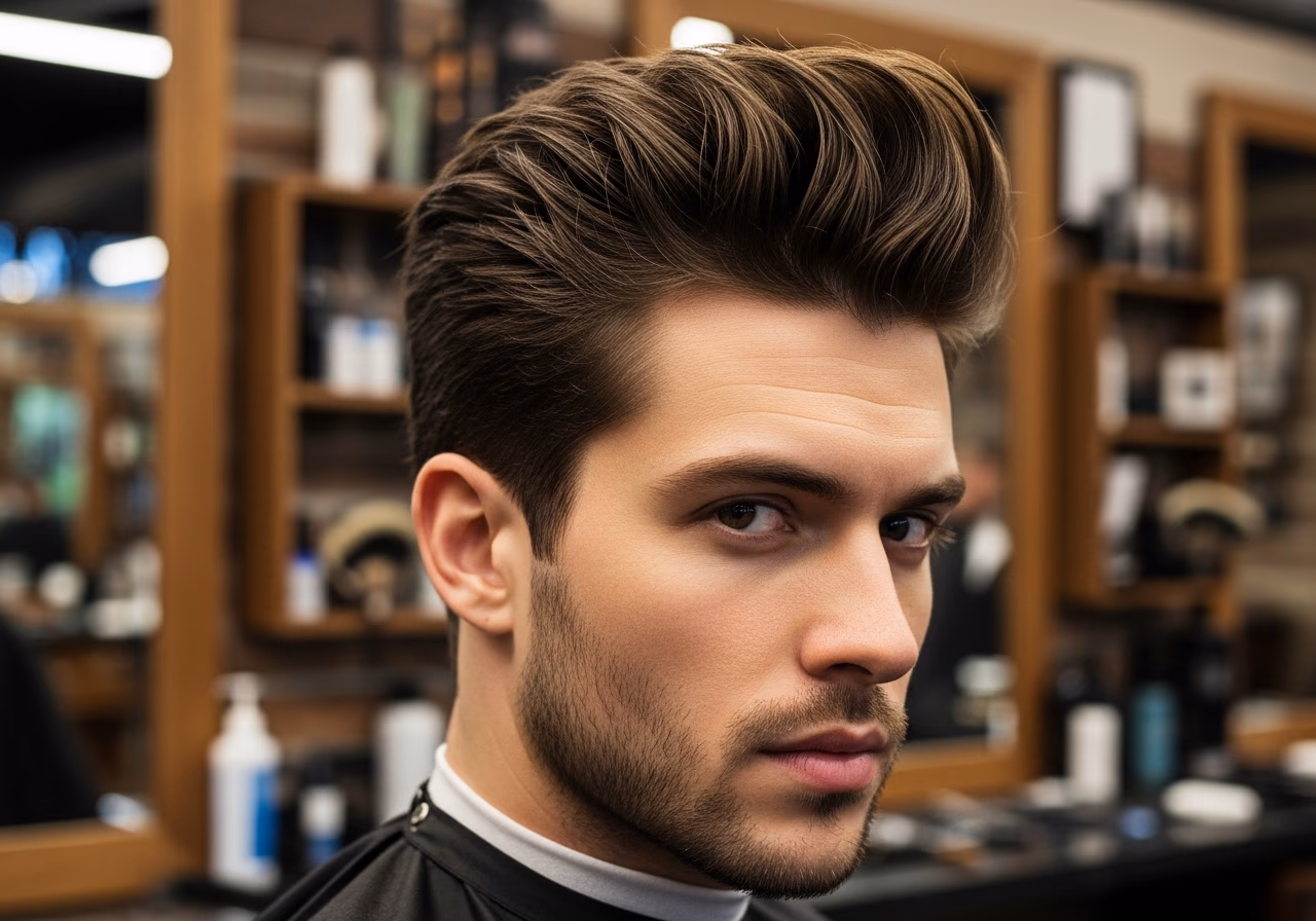 Volume Quiff hairstyle for men 2026 — haircuts for oval faces variation, best for oval faces + fine hair, modern barbering by Master Stylist Jessica Hamilton