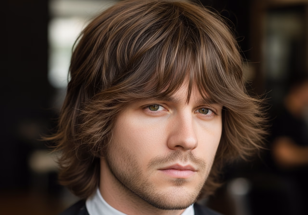 Wolf Cut hairstyle for men 2026 — haircuts for oval faces variation, best for oval faces + wavy or thick hair, modern barbering by Master Stylist Jessica Hamilton