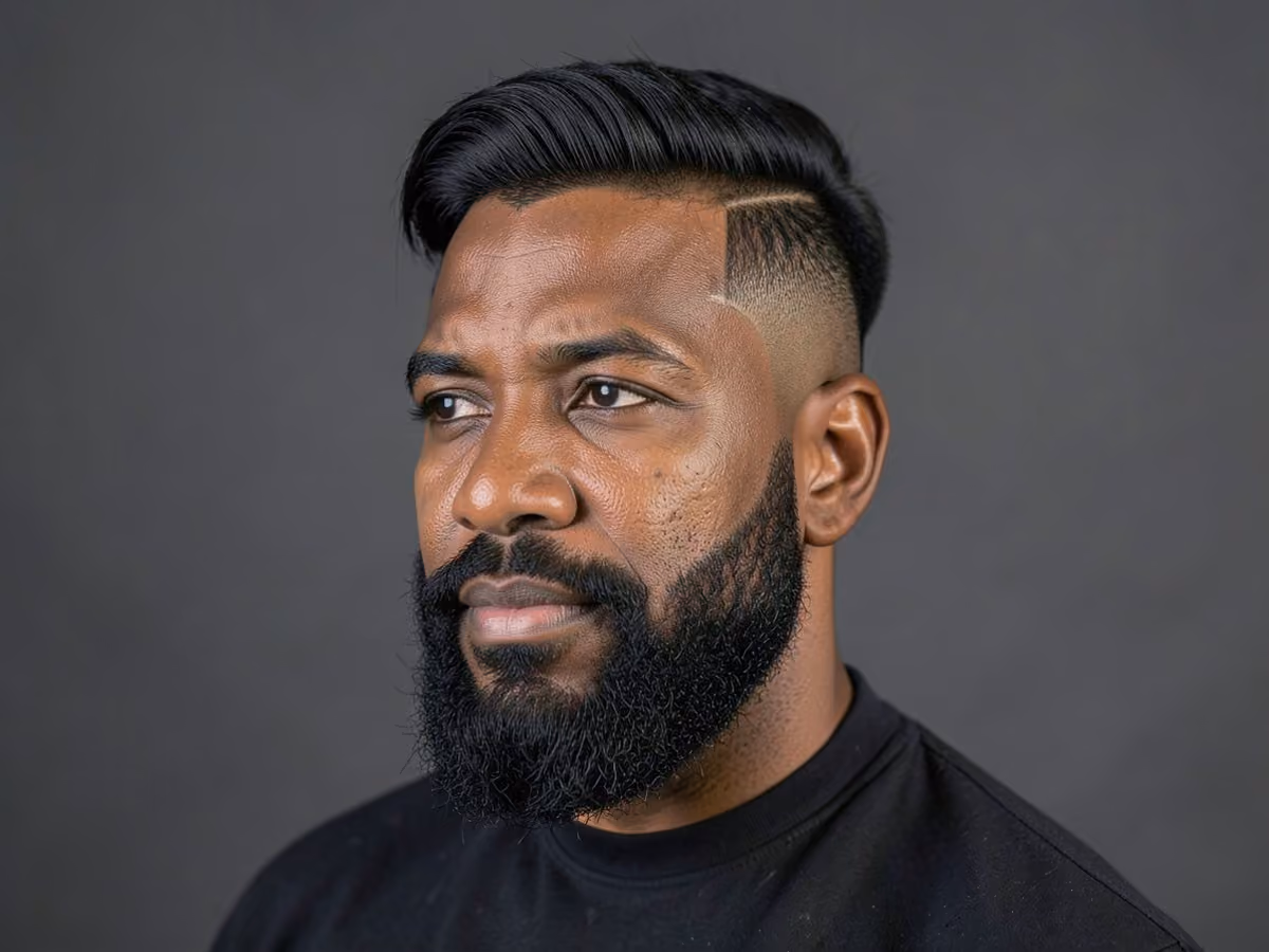 Man with a peaky blinders haircut with beard