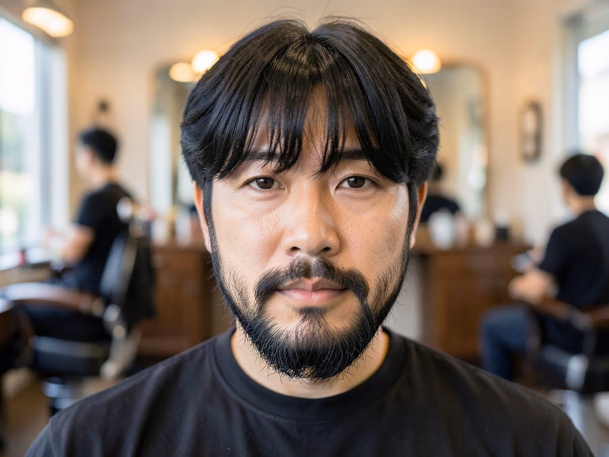 Man with a korean perm with curtain bangs haircut
