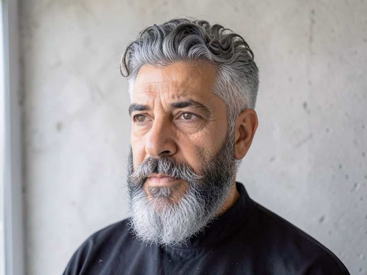 Man with a perm with full beard haircut