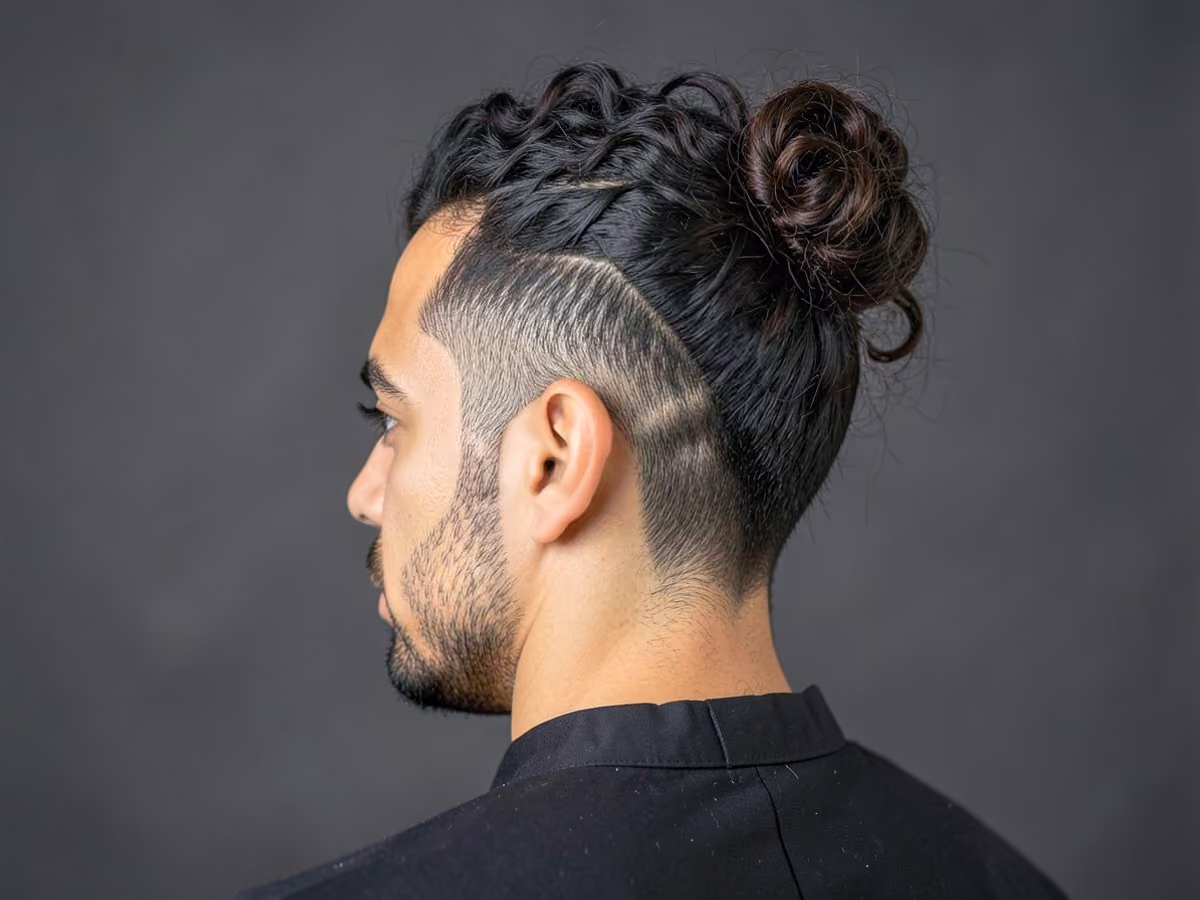 Man with a permed man bun haircut