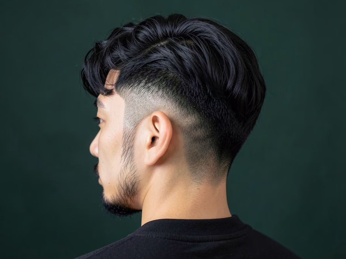 Man with a wavy perm with low taper haircut