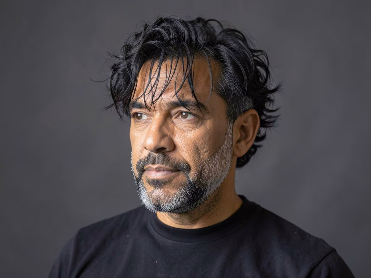 Man with a wavy perm with messy fringe haircut
