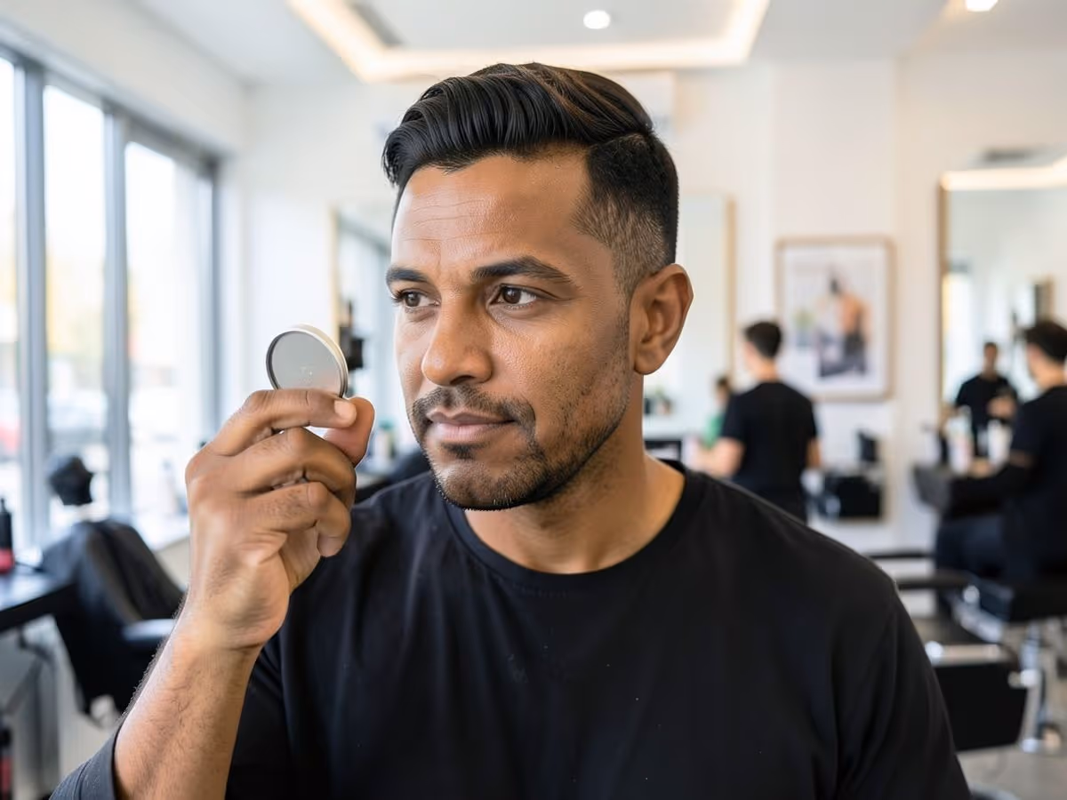 Man holding a small tin of hair styling product in a barbershop