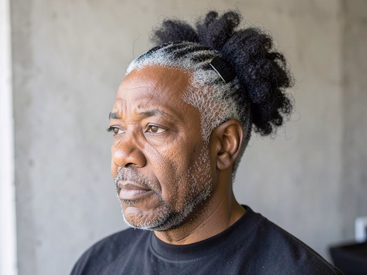 Man with an afro puff ponytail haircut