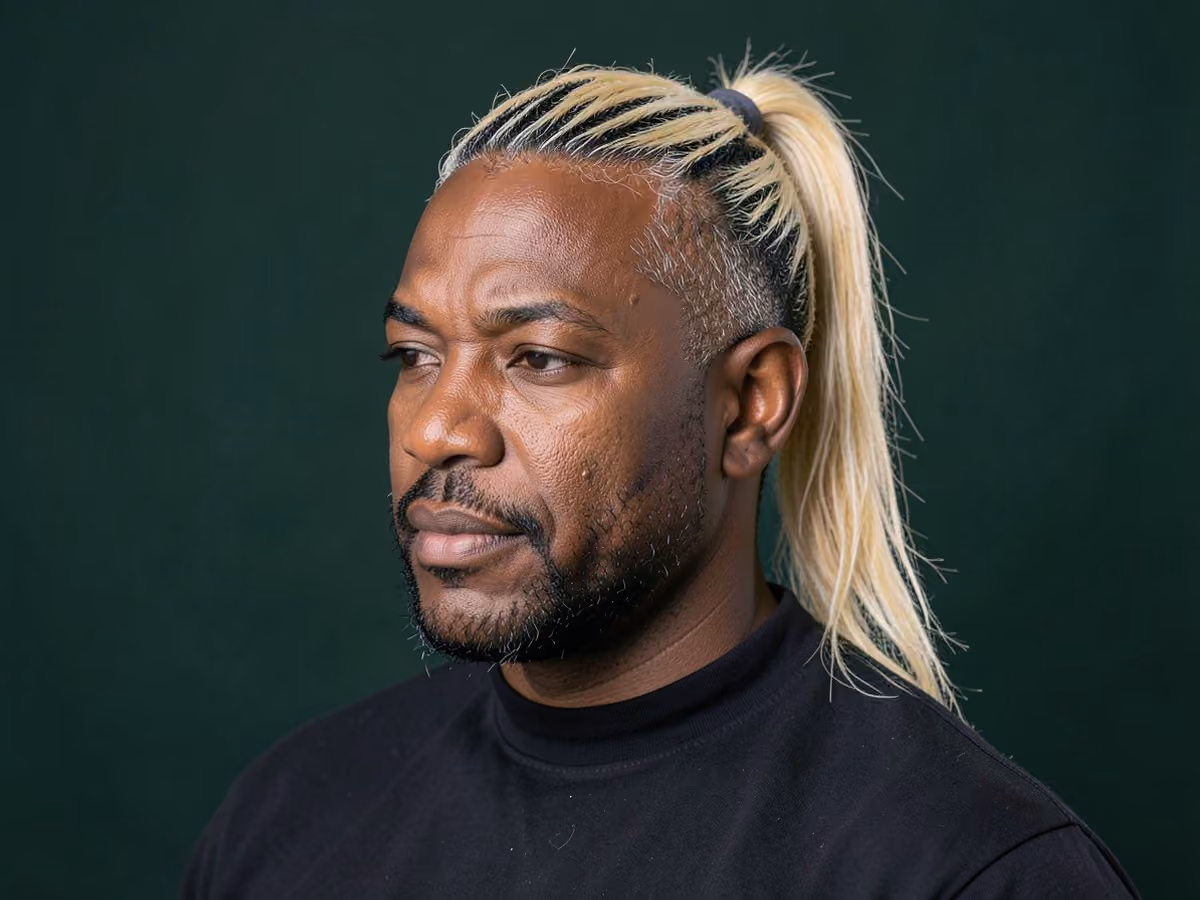 Man with a blonde ponytail haircut