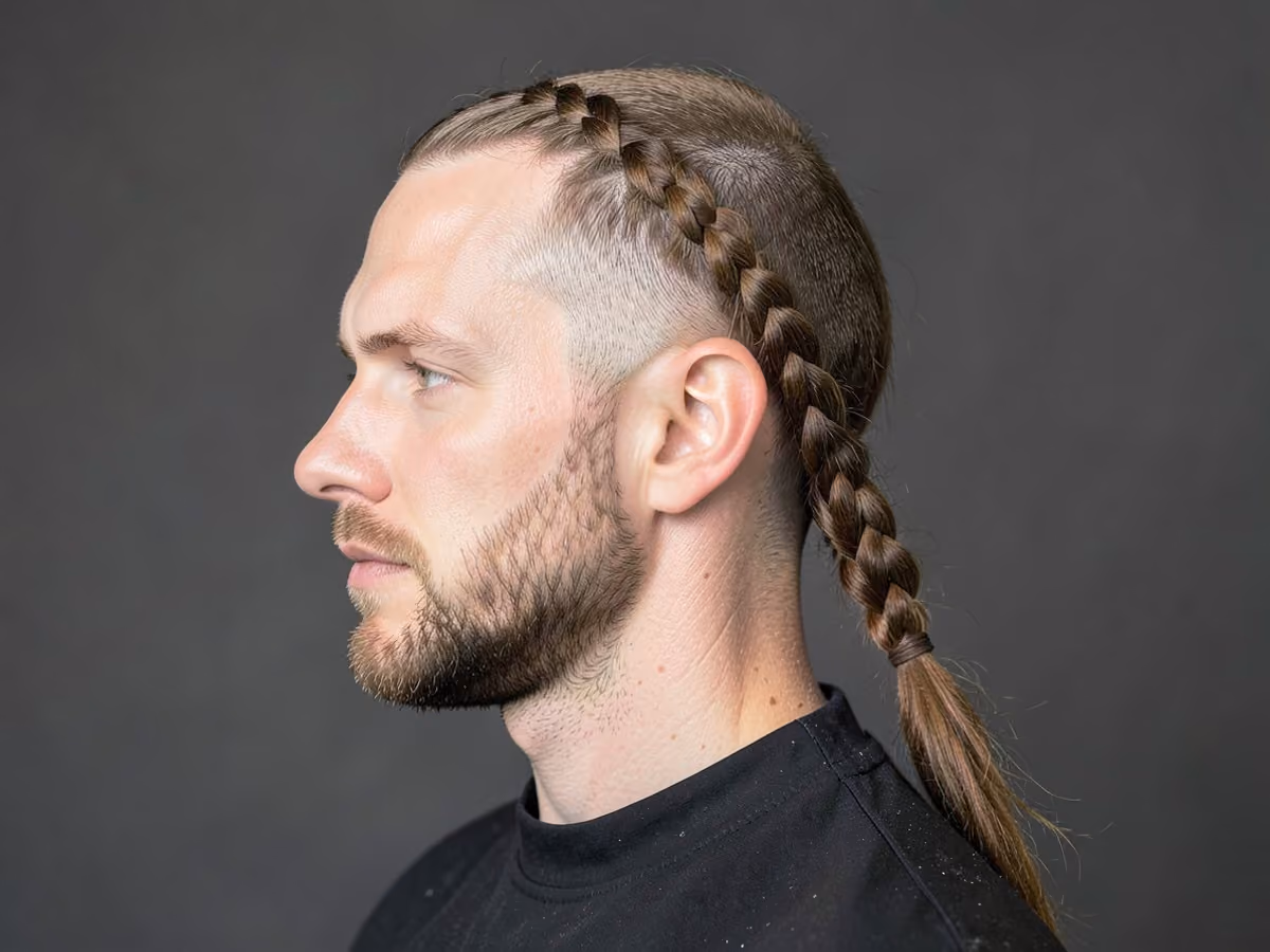 Man with a braided ponytail haircut