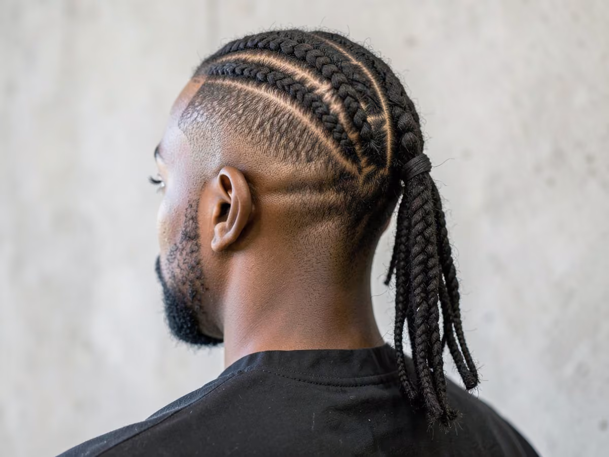 Man with a cornrow ponytail haircut