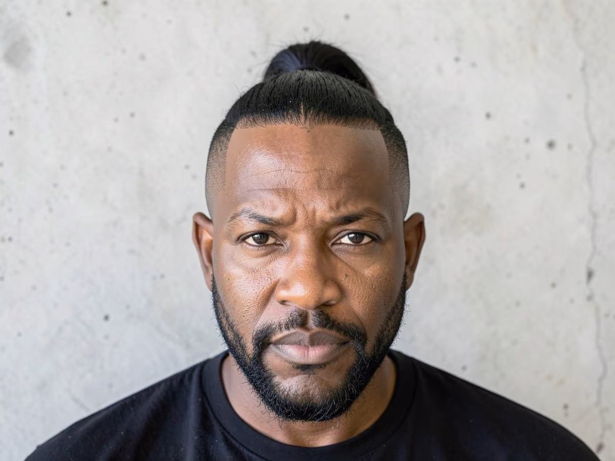 Man with a disconnected ponytail haircut