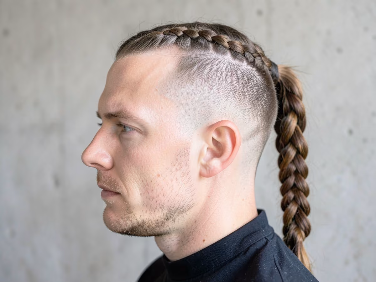 Man with a dutch braid ponytail haircut