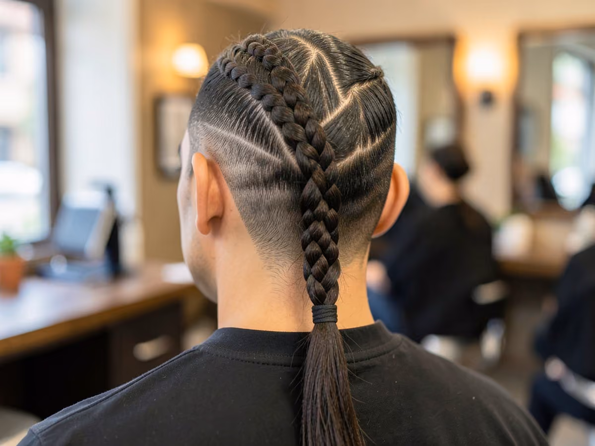 Man with a fishtail braid ponytail haircut