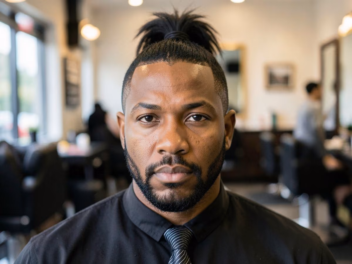 Man with a gym ponytail haircut