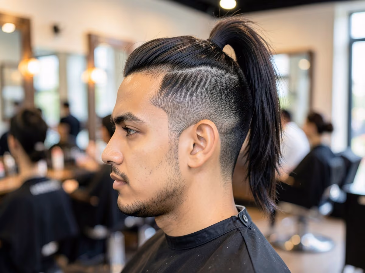 Man with a high ponytail haircut