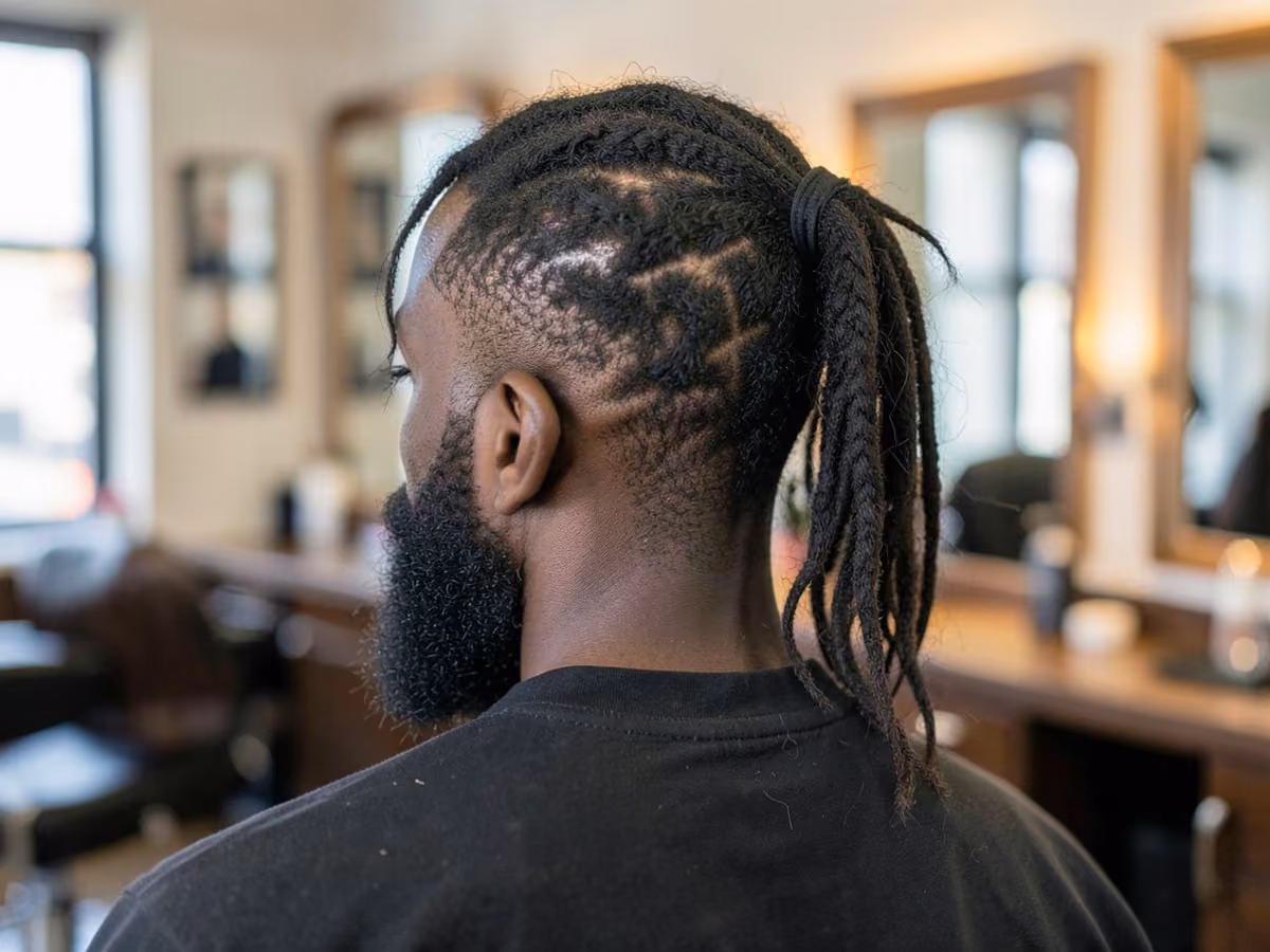 Man with a loose ponytail haircut