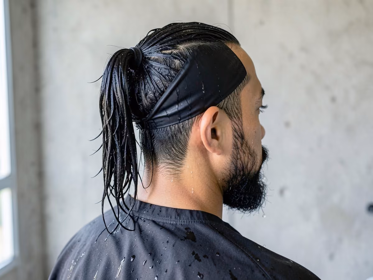 Man with a ponytail for swimmers haircut