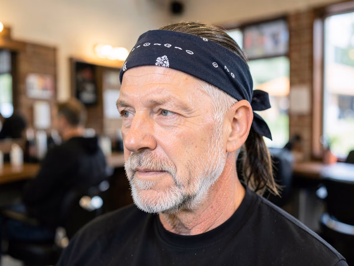 Man with a ponytail with bandana haircut