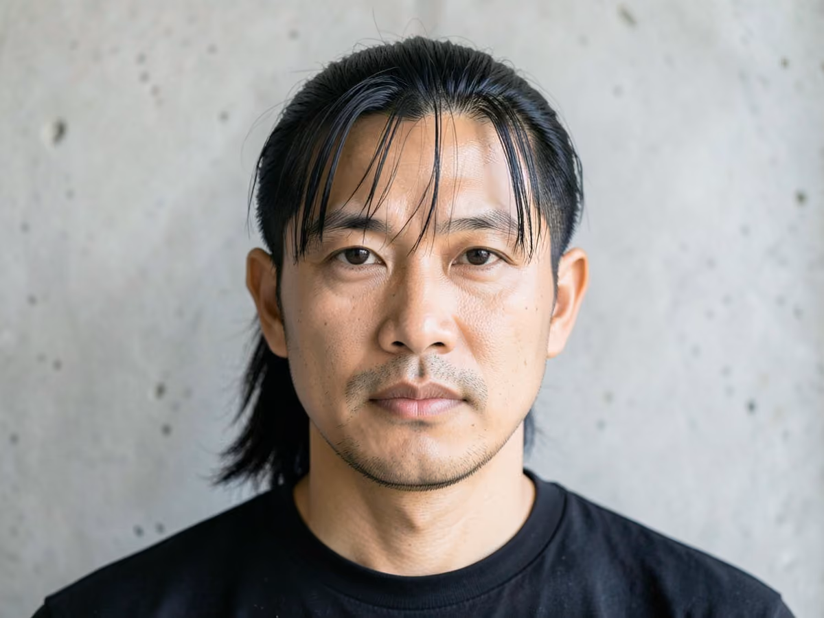 Man with a ponytail with fringe haircut