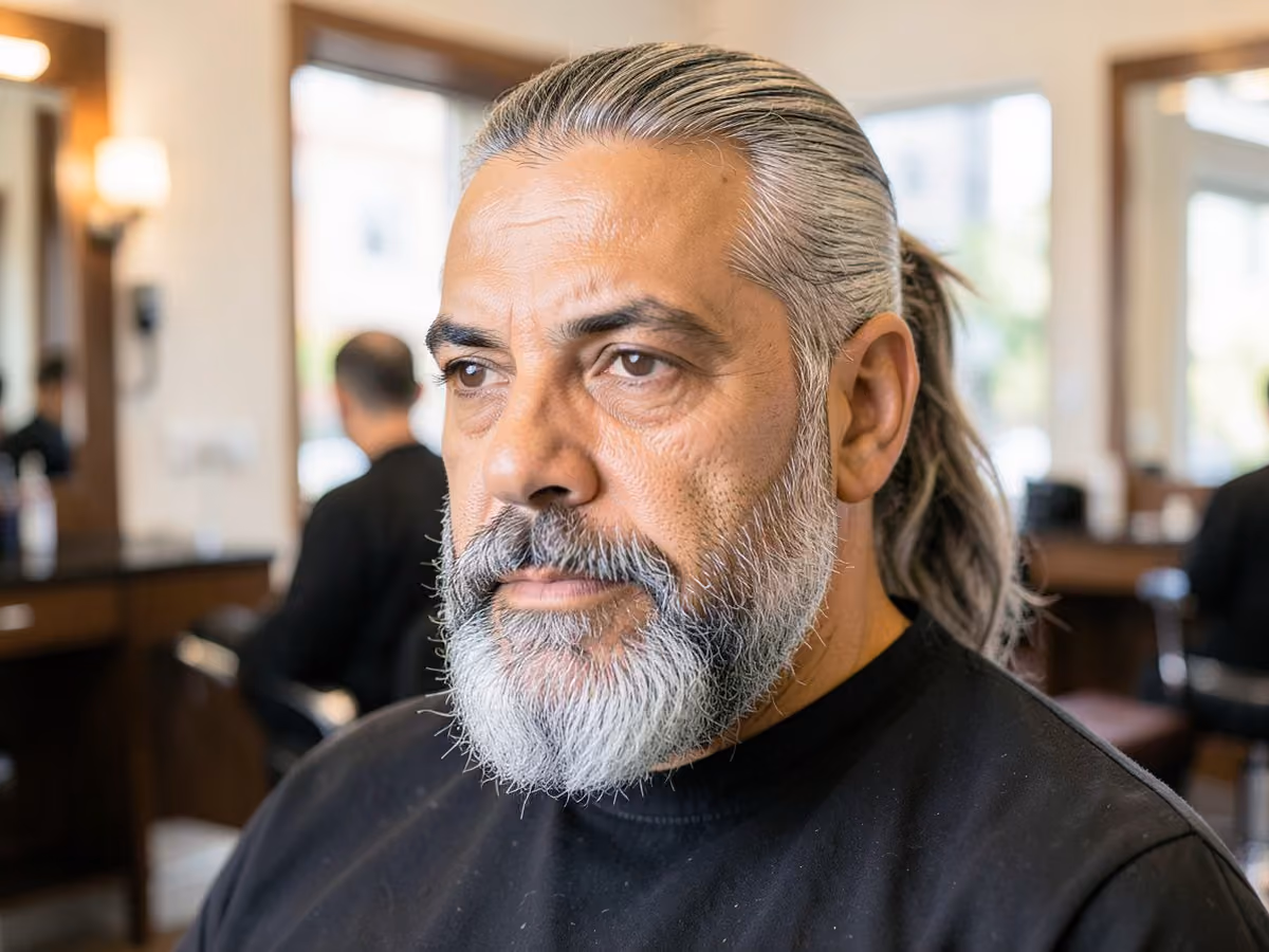 Man with a ponytail with full beard haircut