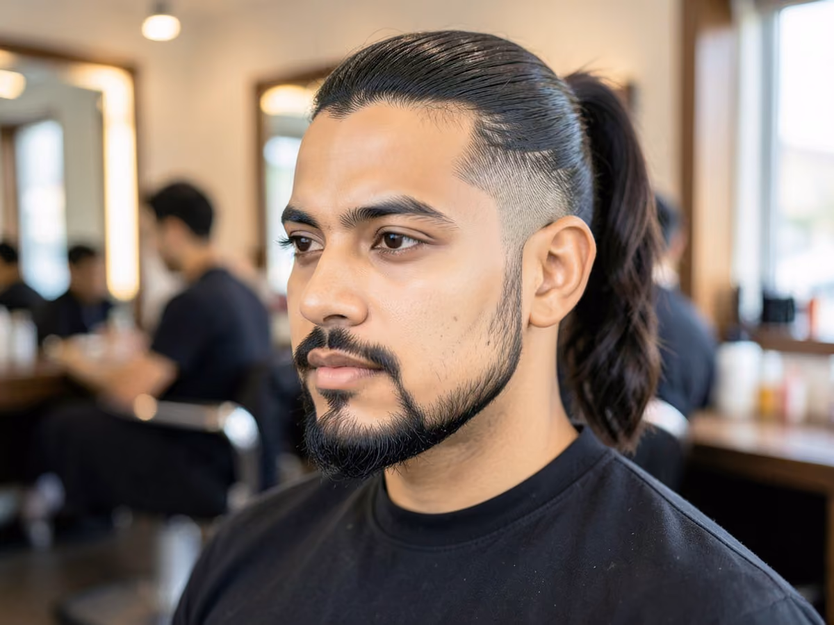 Man with a ponytail with goatee haircut