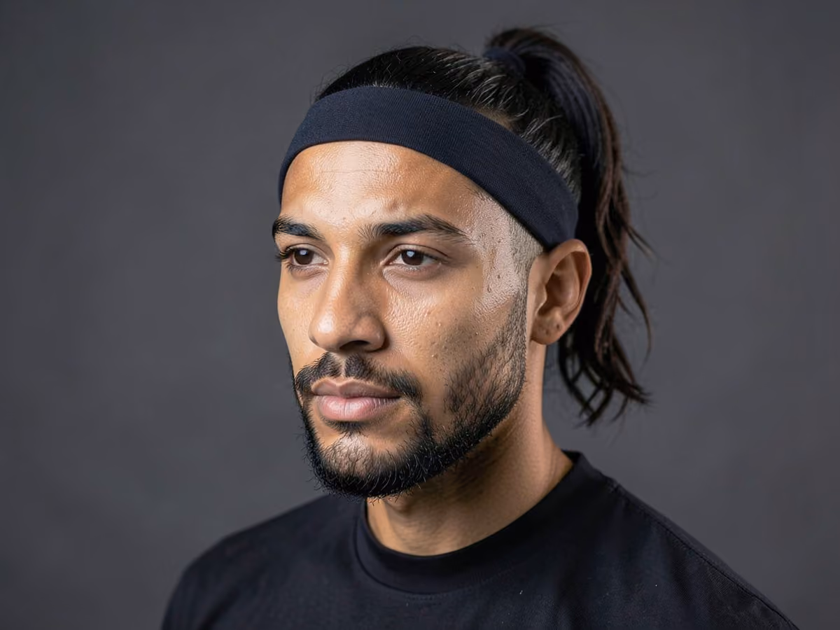 Man with a ponytail with headband haircut