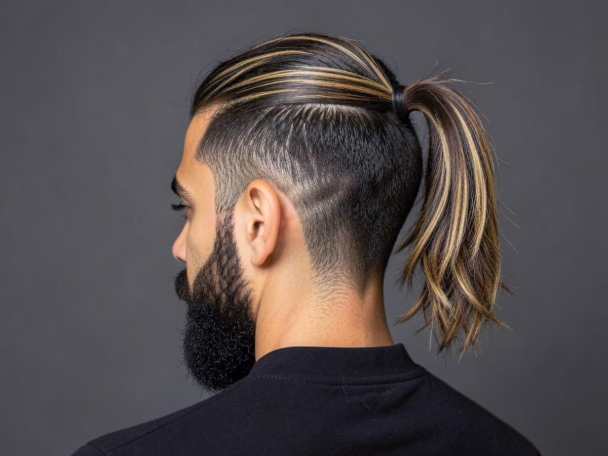 Man with a ponytail with highlights haircut