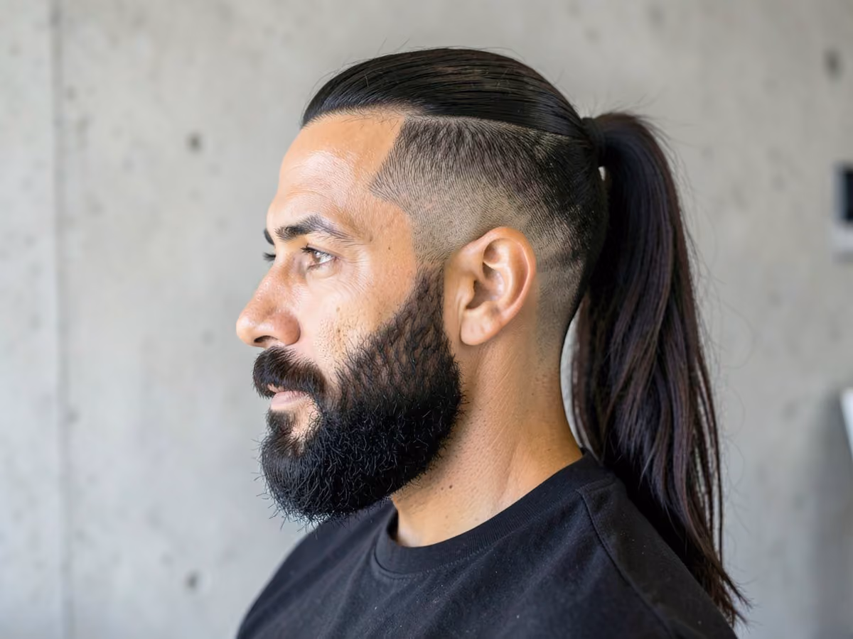 Man with a ponytail with low taper haircut