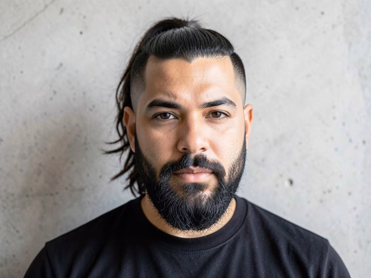 Man with a ponytail with mid fade