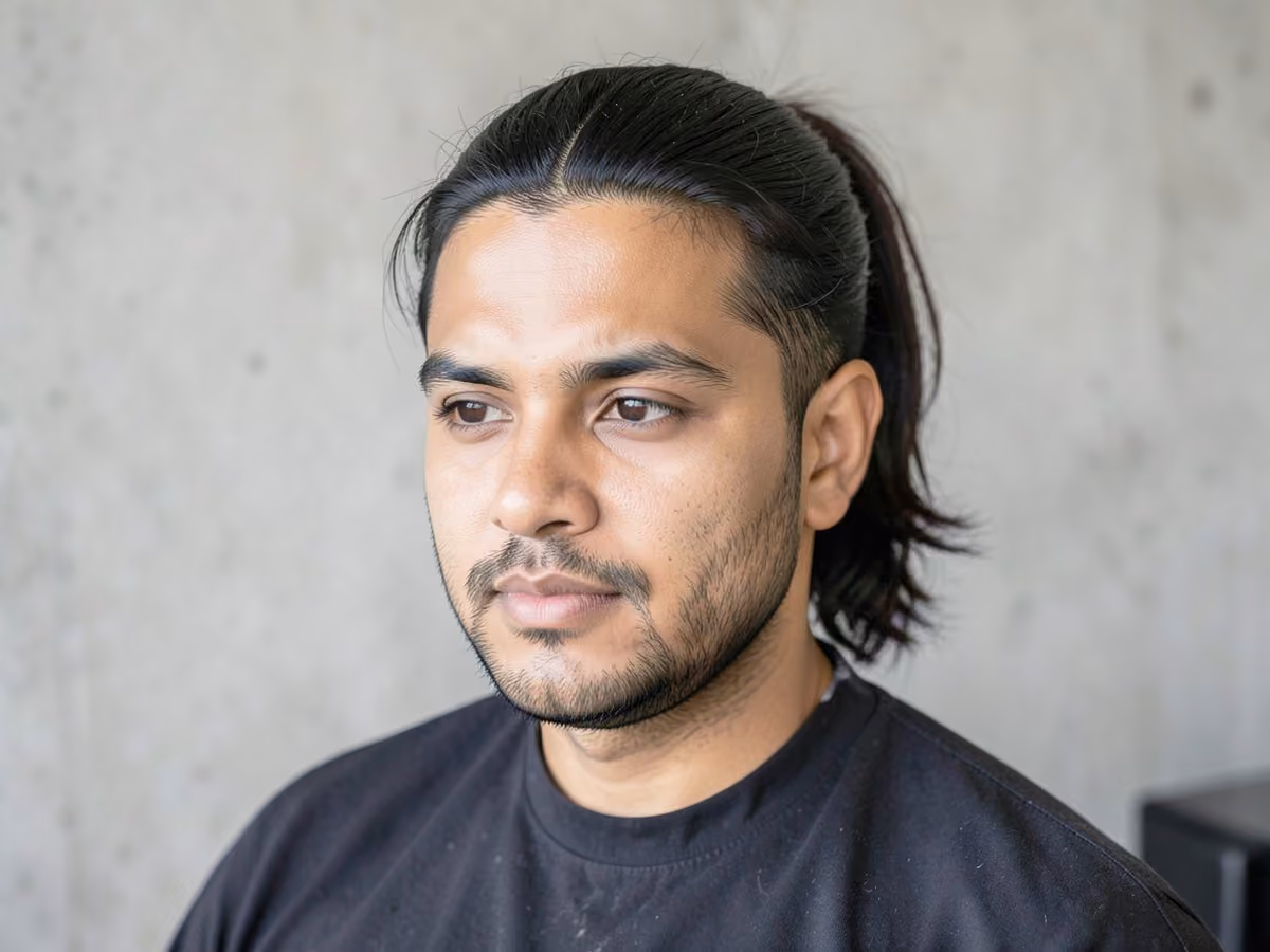 Man with a ponytail with middle part