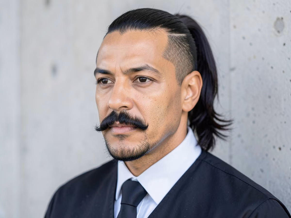 Man with a ponytail with mustache haircut