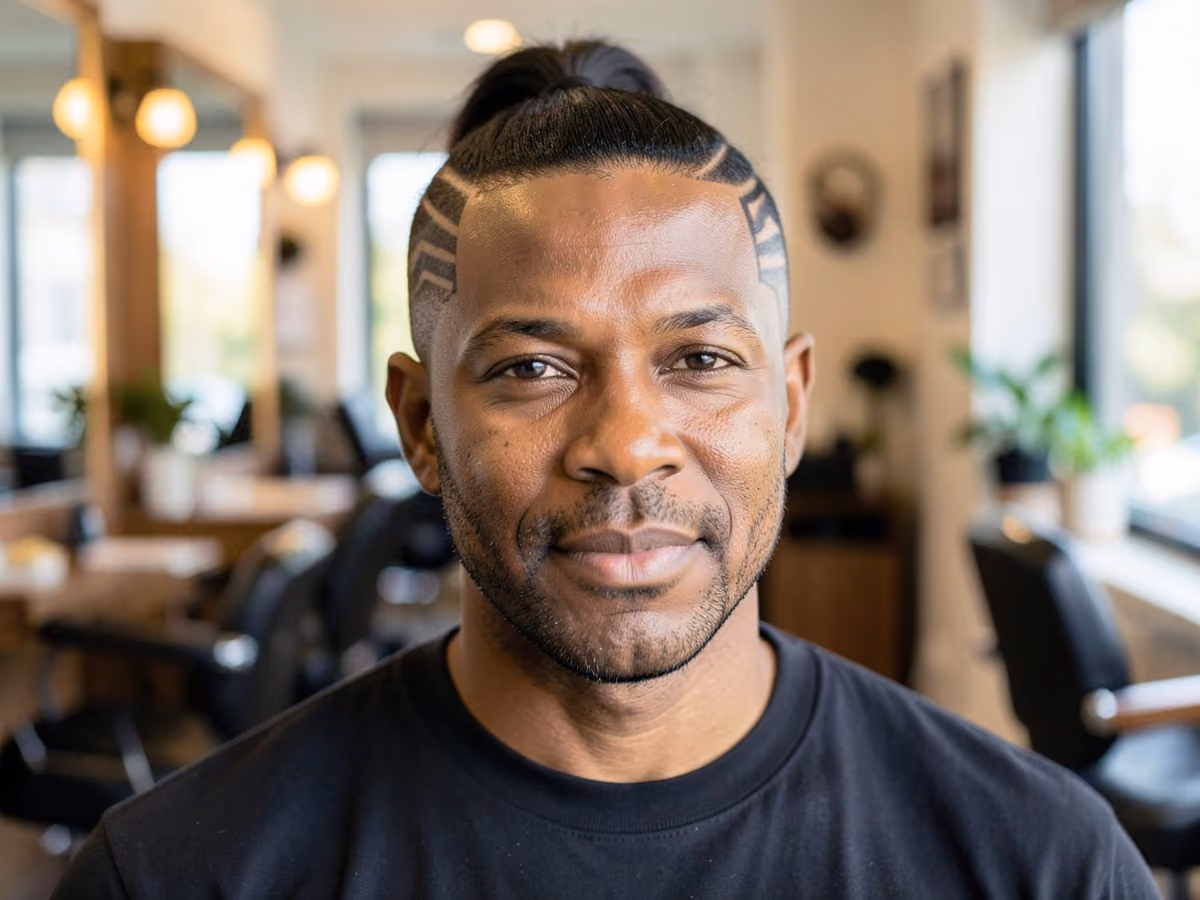 Man with a ponytail with shaved design haircut
