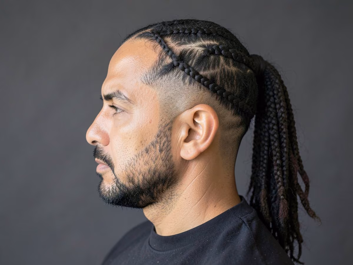 Man with a ponytail with side braids haircut