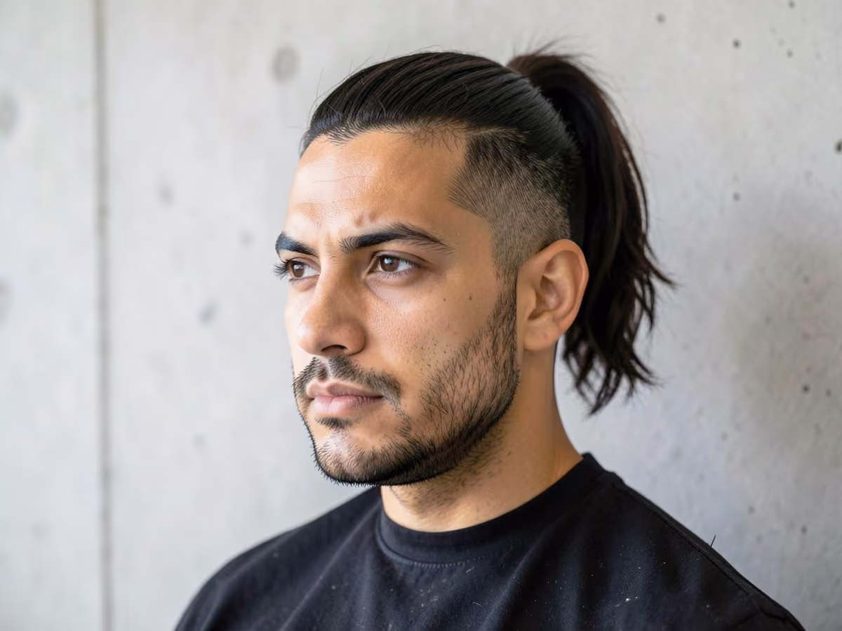 Man with a ponytail with stubble haircut