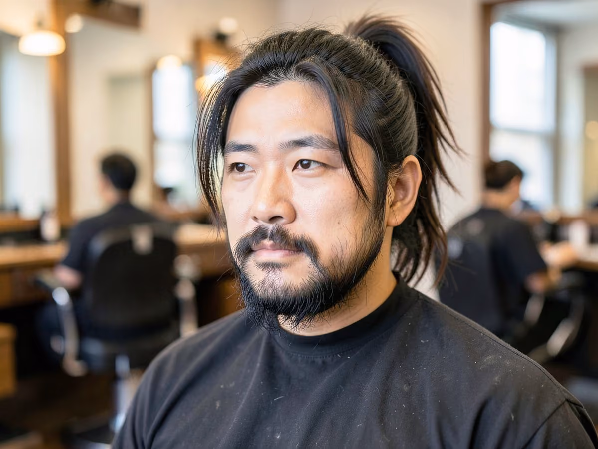 Man with a rocker ponytail haircut