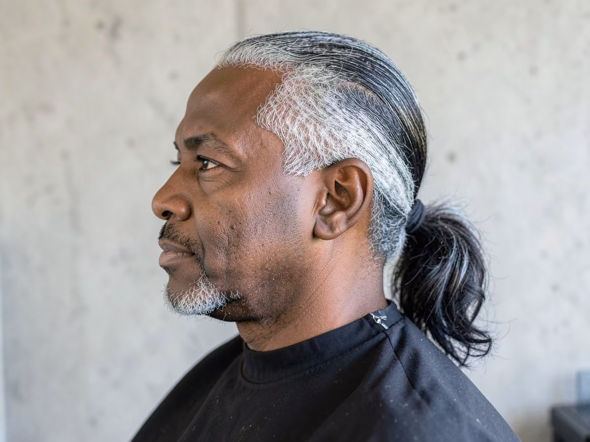 Man with a salt and pepper ponytail haircut