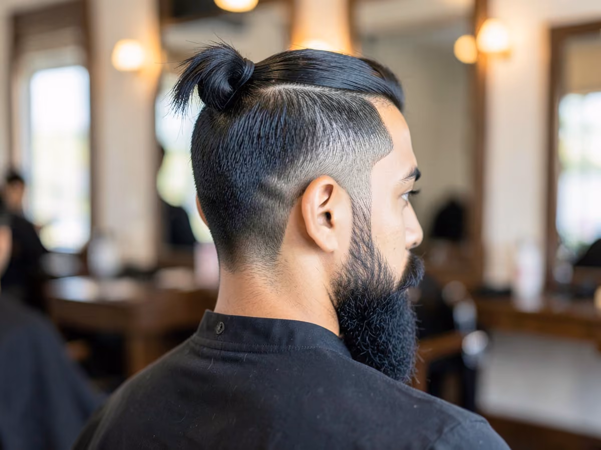 Man with a samurai ponytail haircut