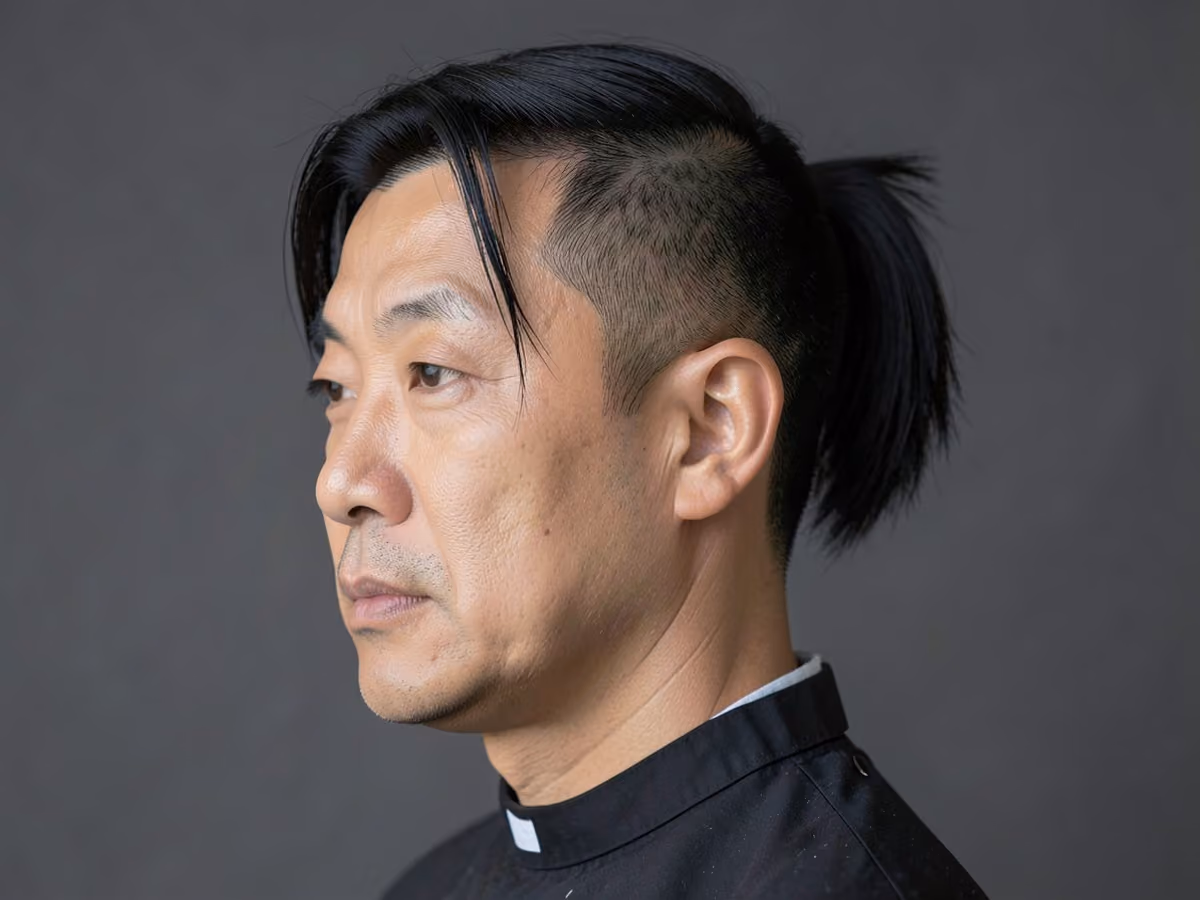 Man with a short ponytail haircut
